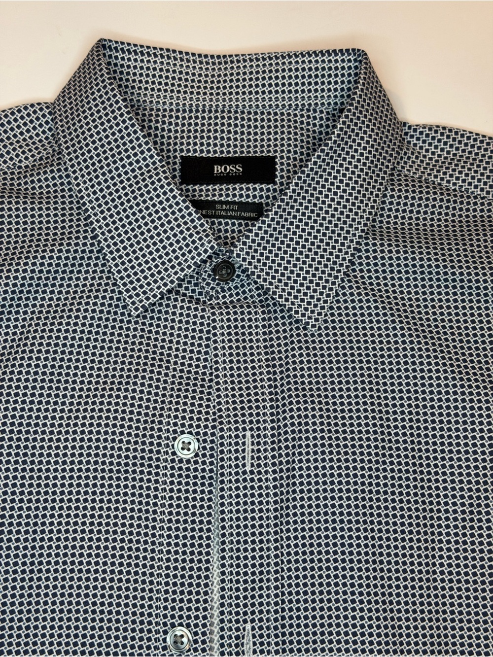 BOSS Hugo Boss Men’s Large L Long Sleeve Button Up Shirt Blue Gray Geometric